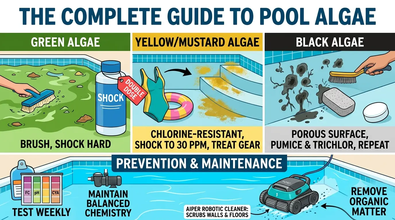An informative guide layout illustrating different types of pool algae