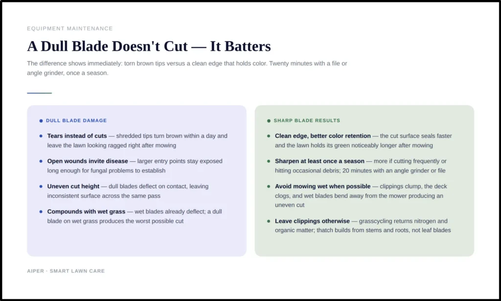Infographic comparing sharp versus dull lawn mower blades