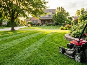 A red lawn mower cuts grass on a perfectly striped suburban lawn.