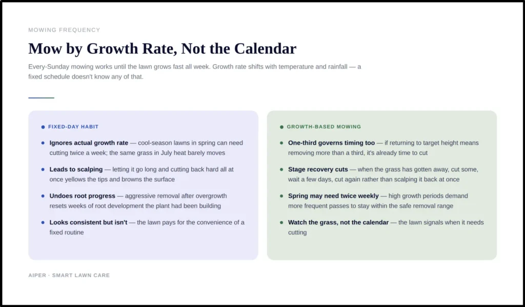 Infographic explaining lawn mowing frequency based on growth rate