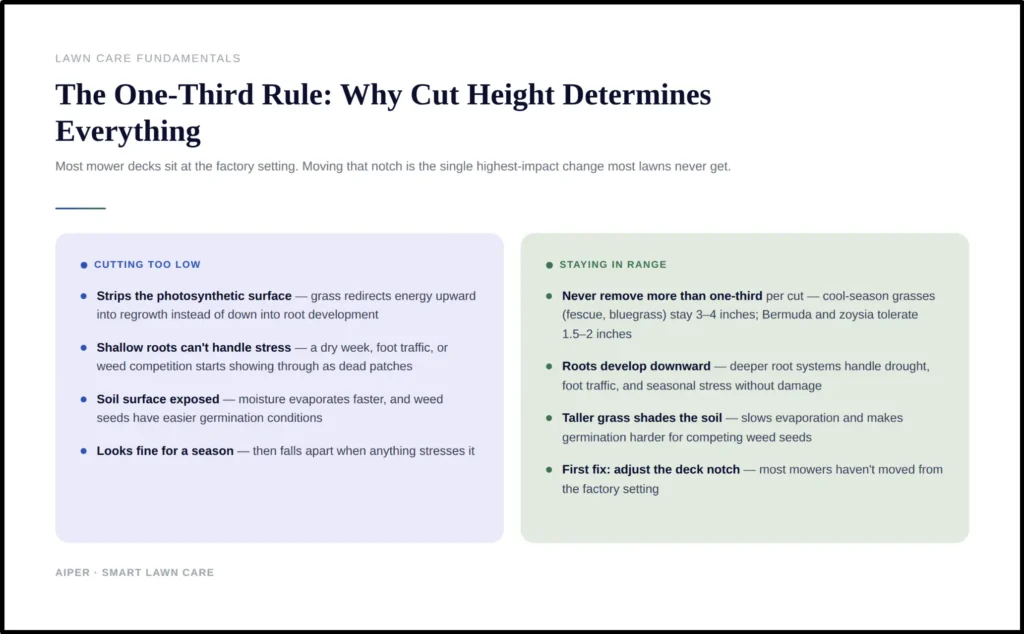Graphic infographic explaining lawn mowing height rules