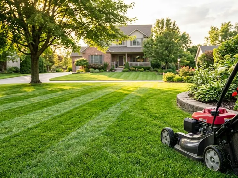 A red lawn mower cuts grass on a perfectly striped suburban lawn.