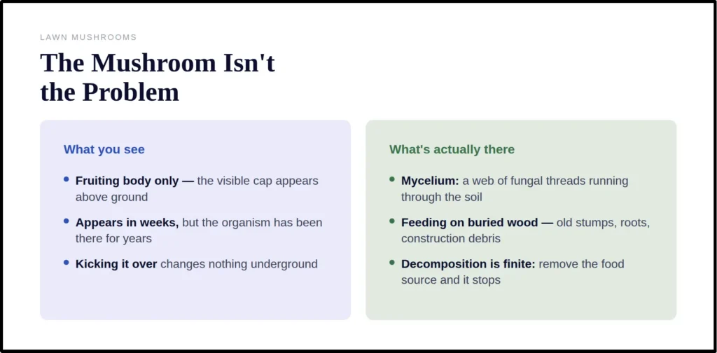 comparing visible lawn mushrooms with underground fungal mycelium