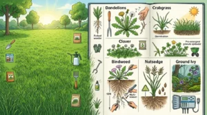 Illustrated lawn care guide banner showing common yard weeds
