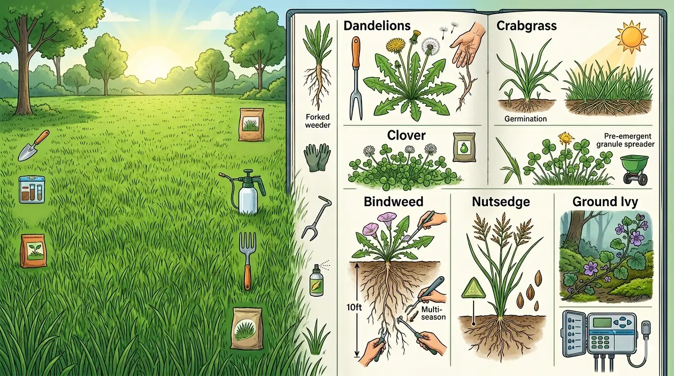 Illustrated lawn care guide banner showing common yard weeds