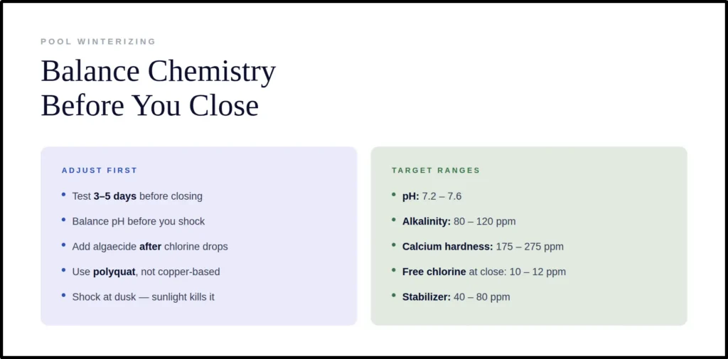Infographic showing target chemical ranges for pool winterizing