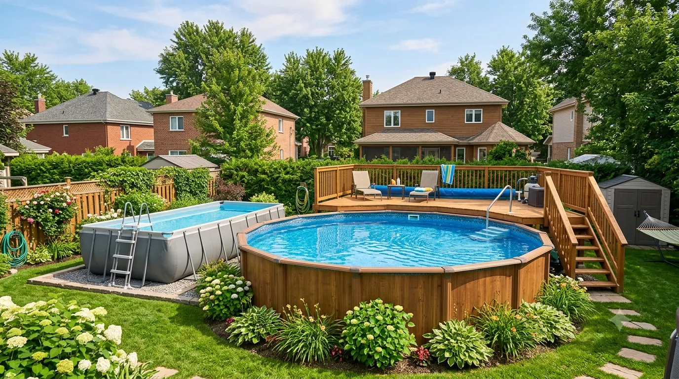 Piscine ronde hors-sol avec terrasse en bois enveloppante et jardin paysager