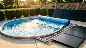 Above ground pool with solar cover and heating panels