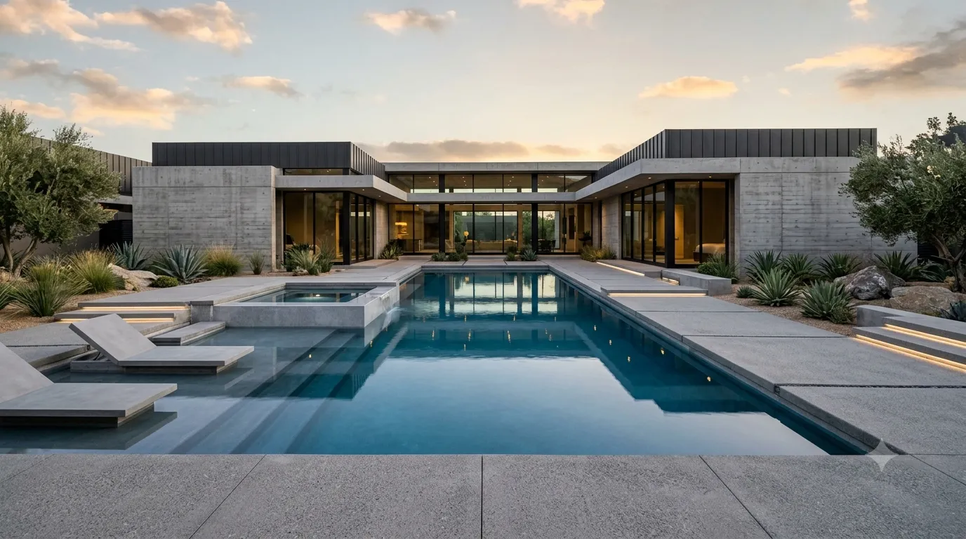 Piscine géométrique aux lignes nettes complétant l'architecture moderne avec un design symétrique épuré
