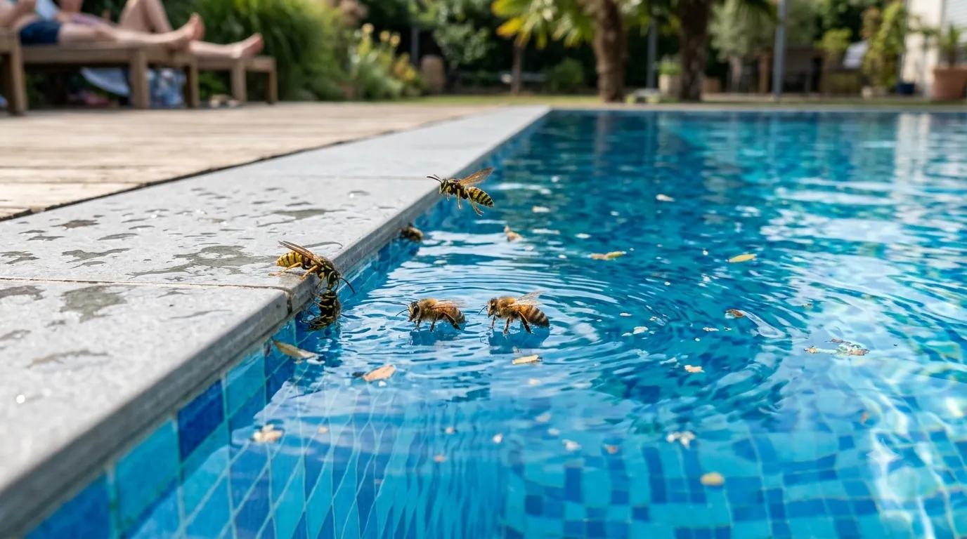 Honeybees and wasps drinking water from swimming pool edge