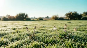 Small white bindi weeds flowering among green lawn grass