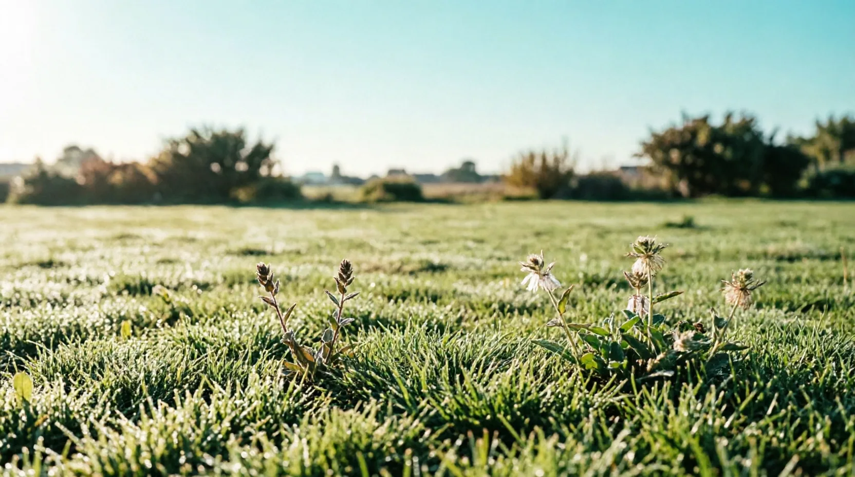 Small white bindi weeds flowering among green lawn grass
