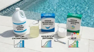Liquid chlorine baking soda and borax containers beside pool
