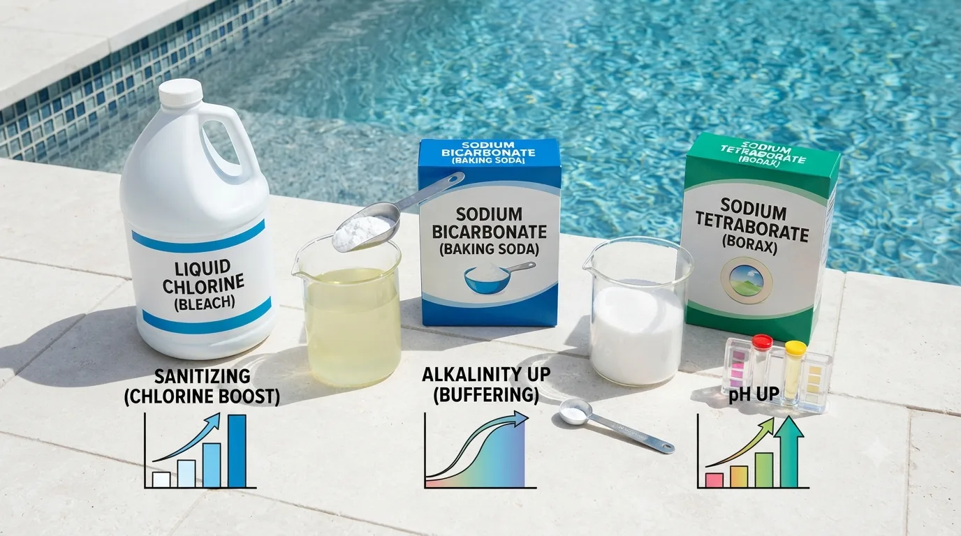 Liquid chlorine baking soda and borax containers beside pool