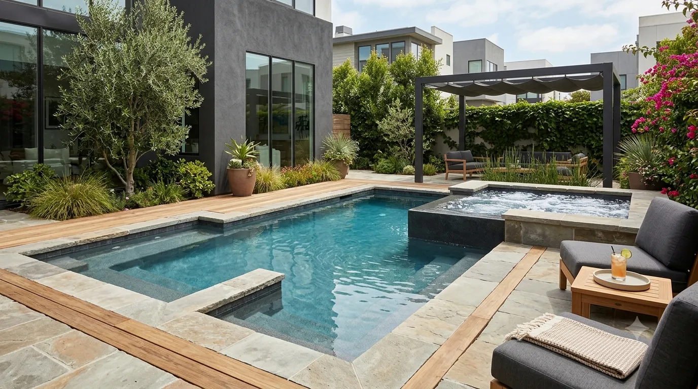 Petite piscine cocktail haut de gamme avec banquette intégrée et jacuzzi adjacent pour recevoir
