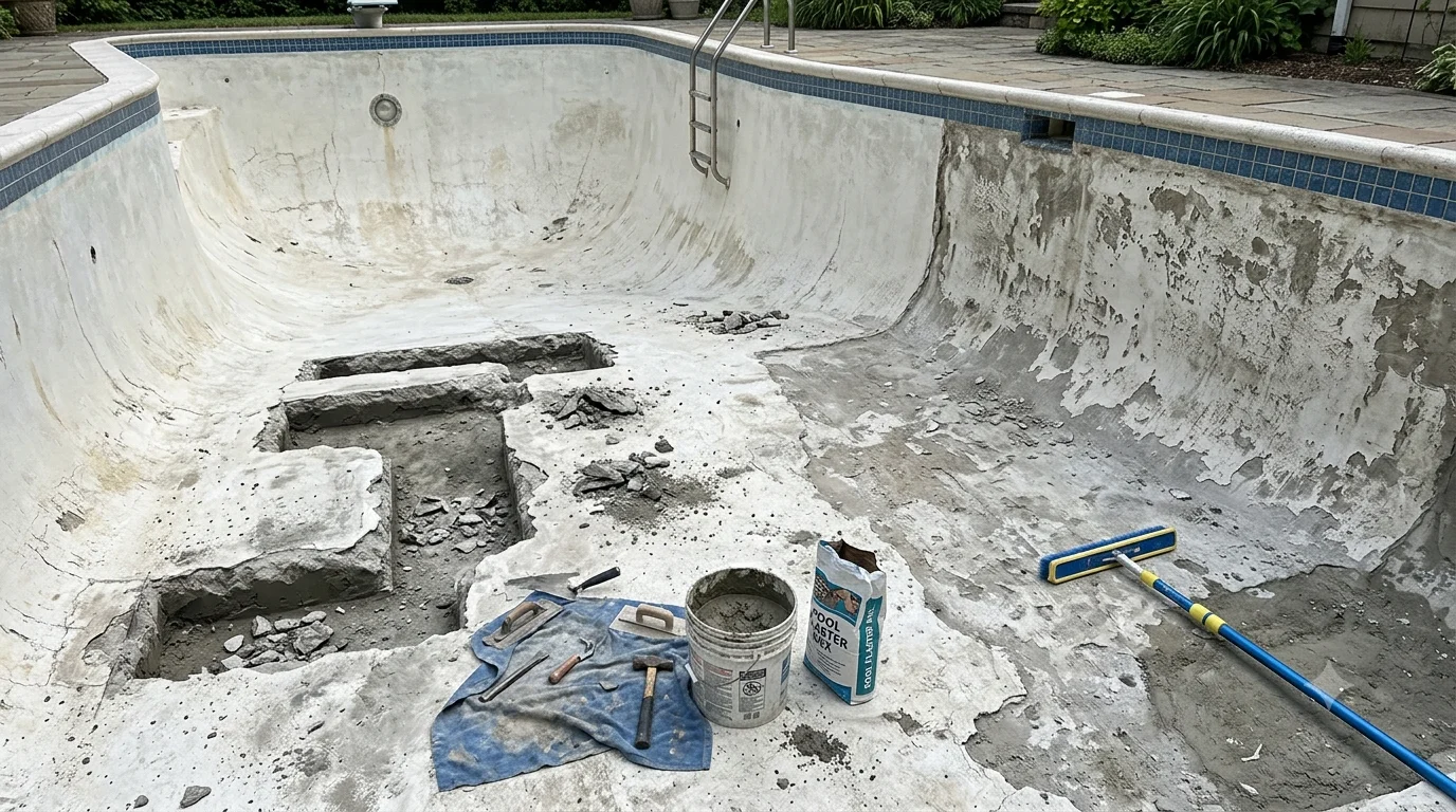 Close up of cracked and deteriorated swimming pool plaster surface needing repair