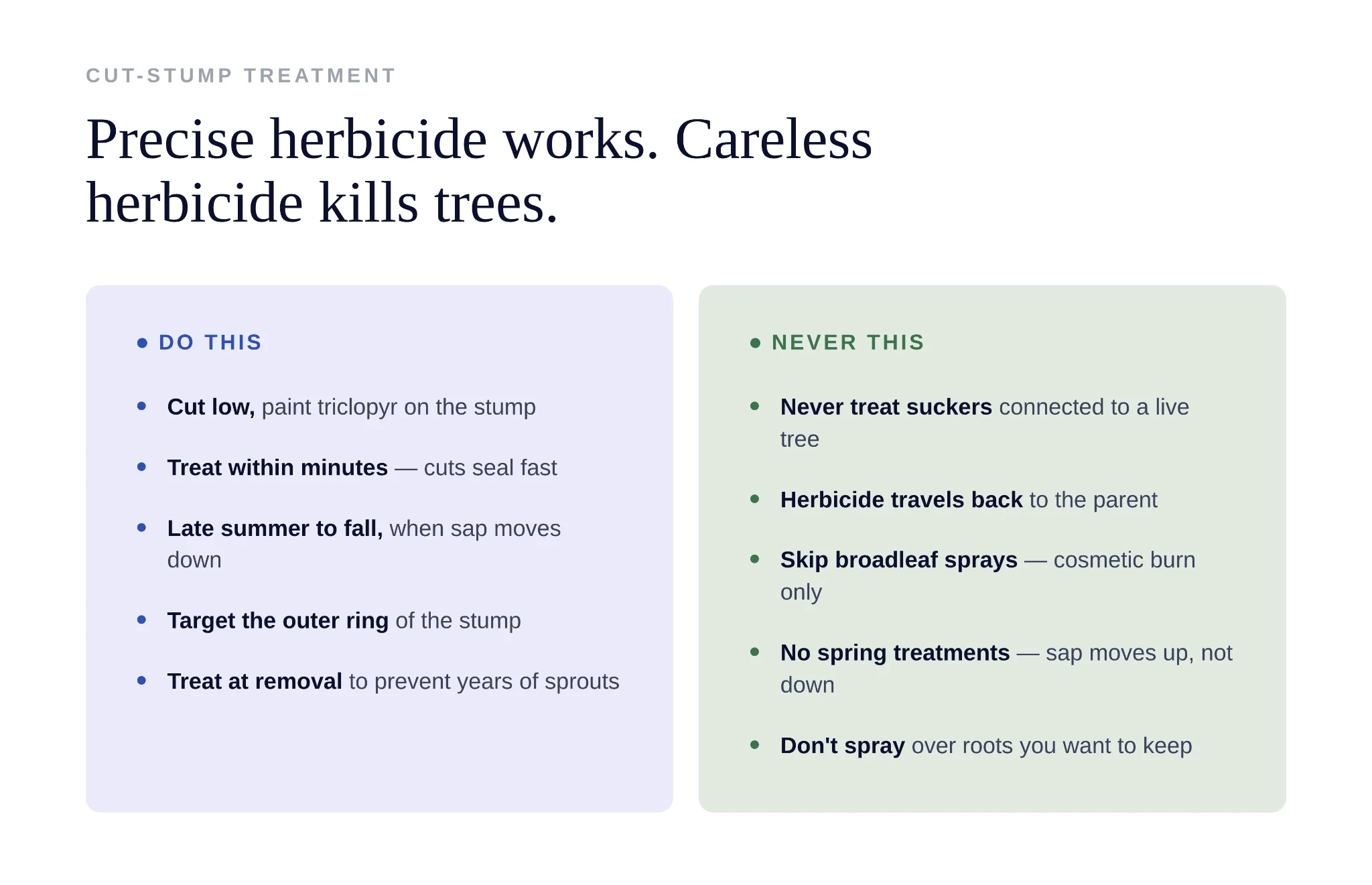 Correct herbicide application steps for a freshly cut stump