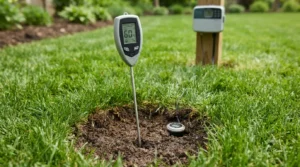 Digital soil moisture meter displaying reading inserted into lawn
