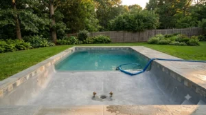 Submersible pump draining residential swimming pool water onto lawn area