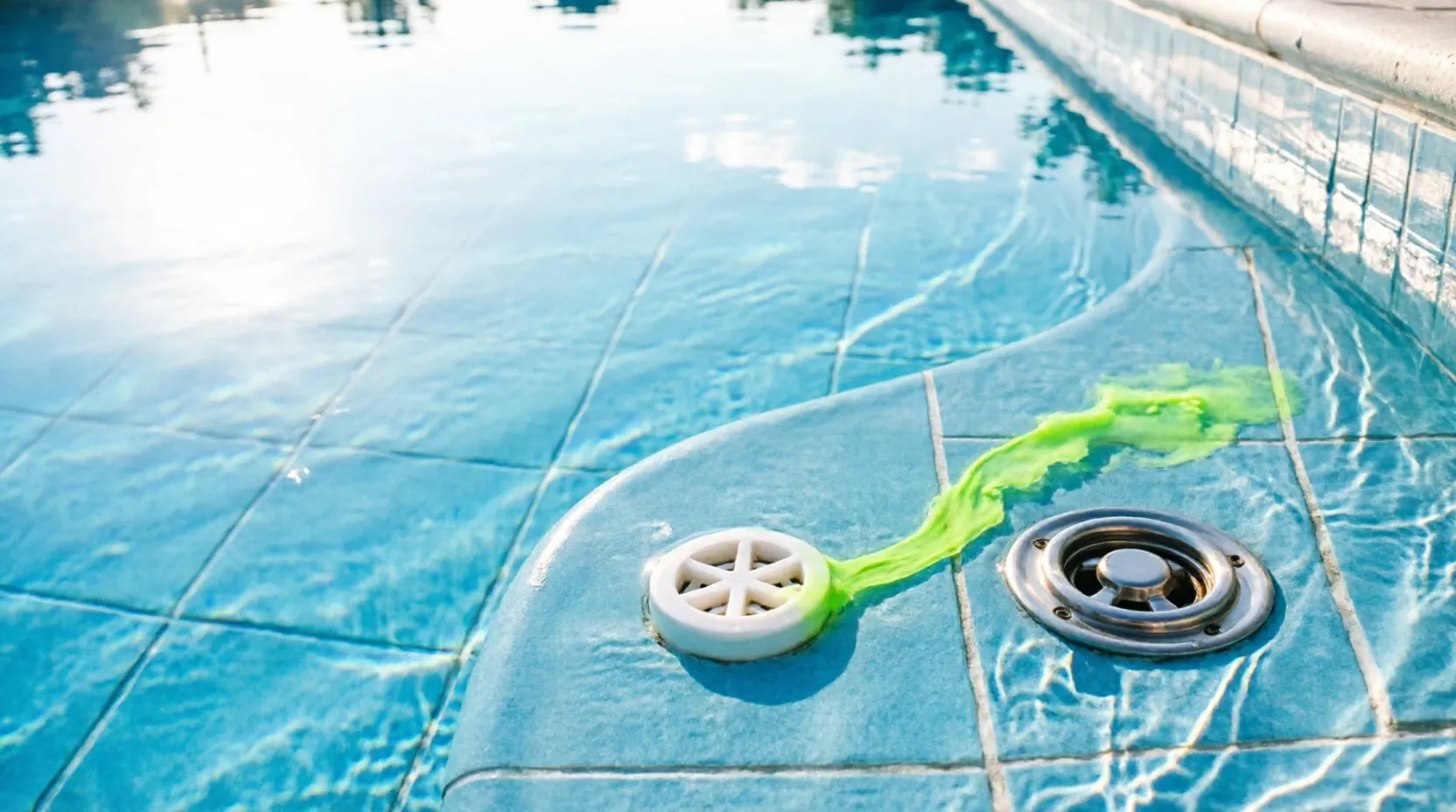 Green dye test revealing a leak near pool drain