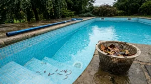 Earthworms scattered across pool steps beside full skimmer basket