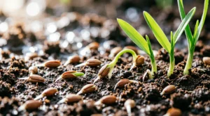 Grass seeds sprouting with white roots and green shoots