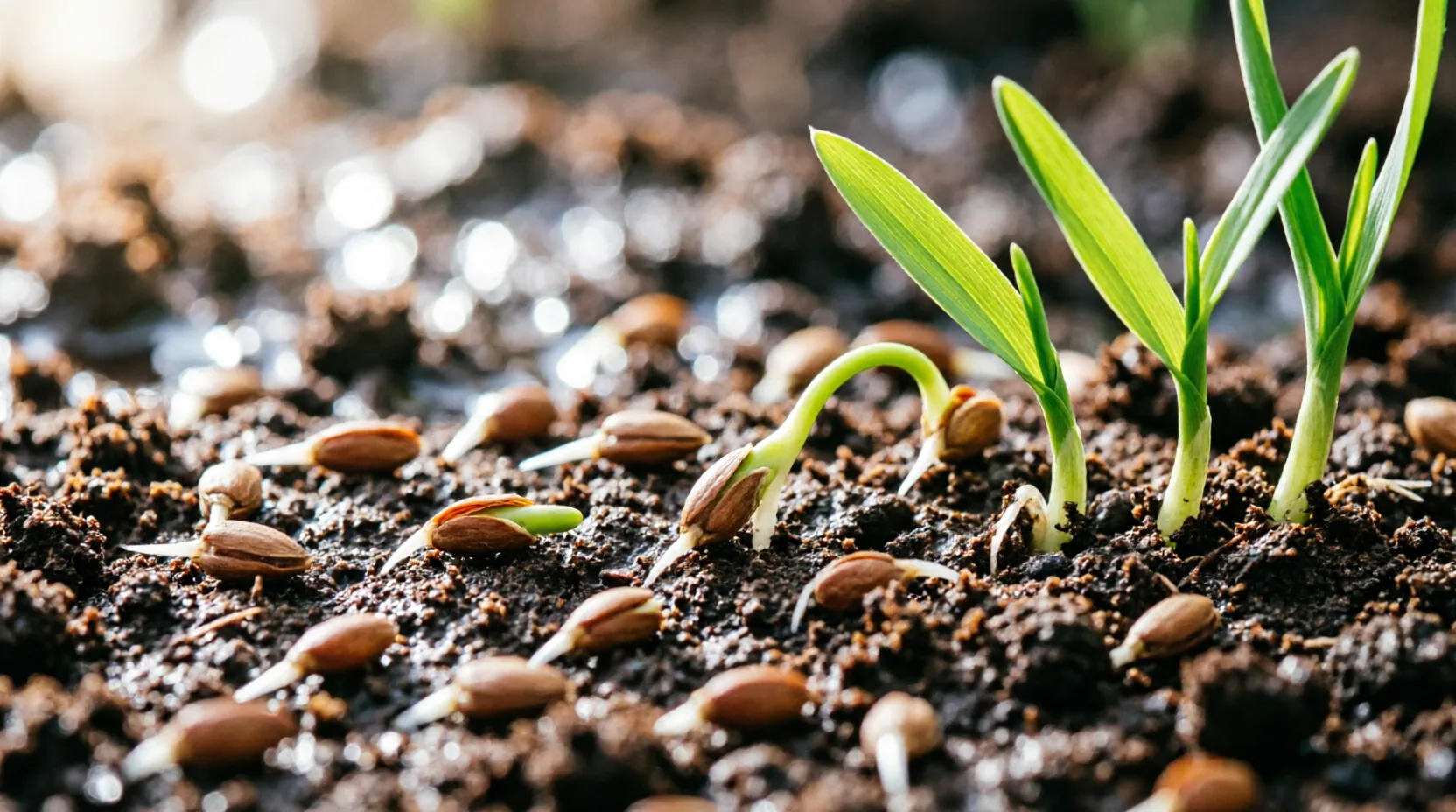 Grass seeds sprouting with white roots and green shoots