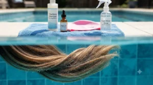 Underwater hair floating beside poolside shampoo and care products