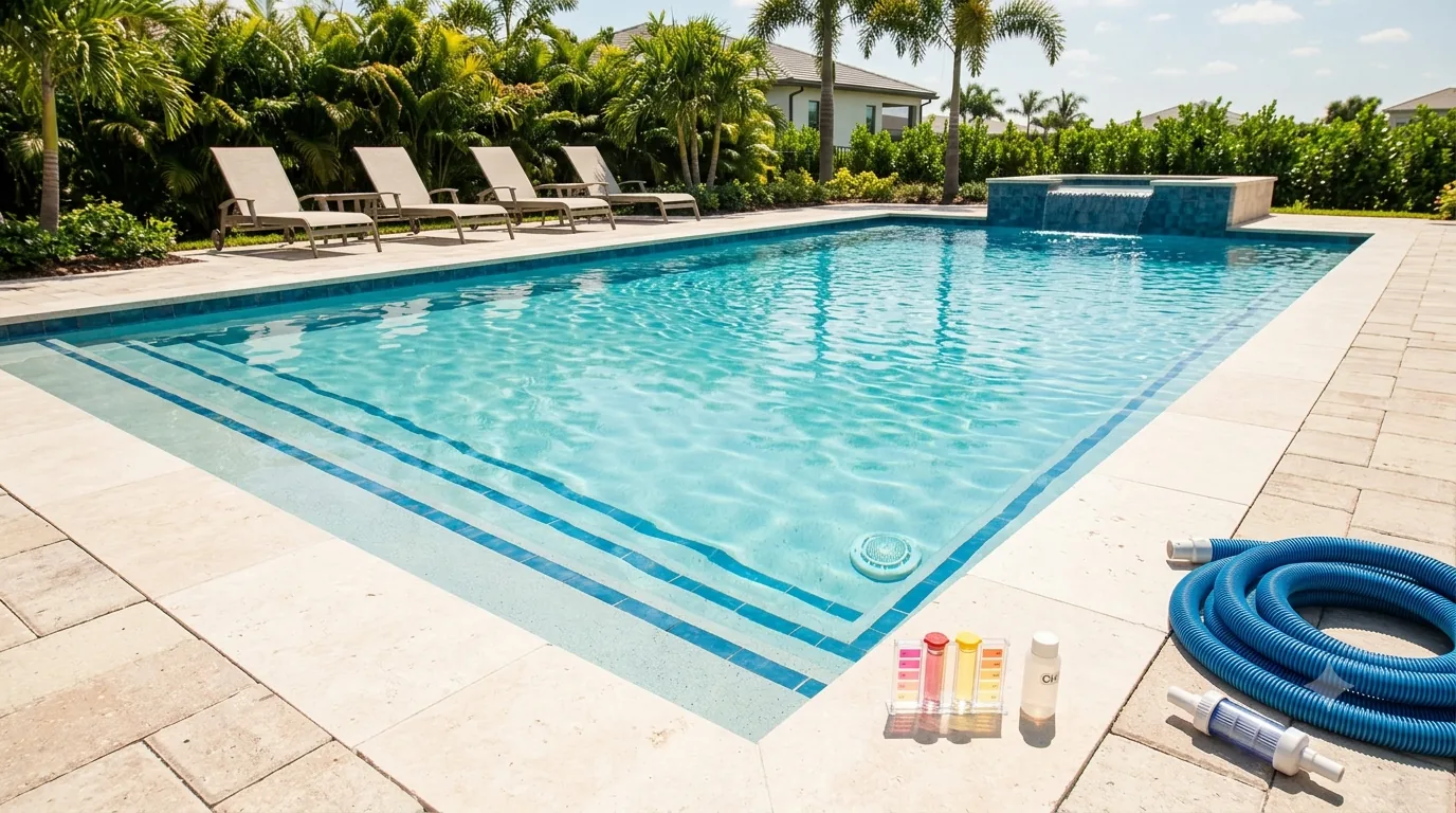 White calcium scale deposits on swimming pool tile line