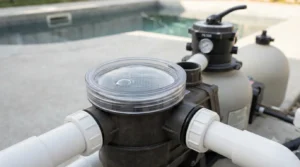 Pool pump priming process with water flowing through strainer basket lid