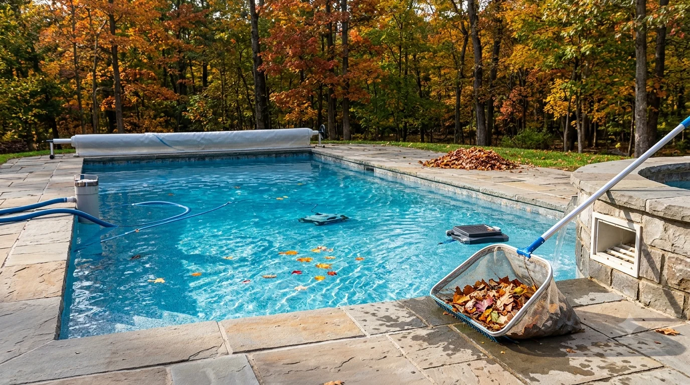 Cover image showing leaf removal from swimming pool without damaging skimmer equipment