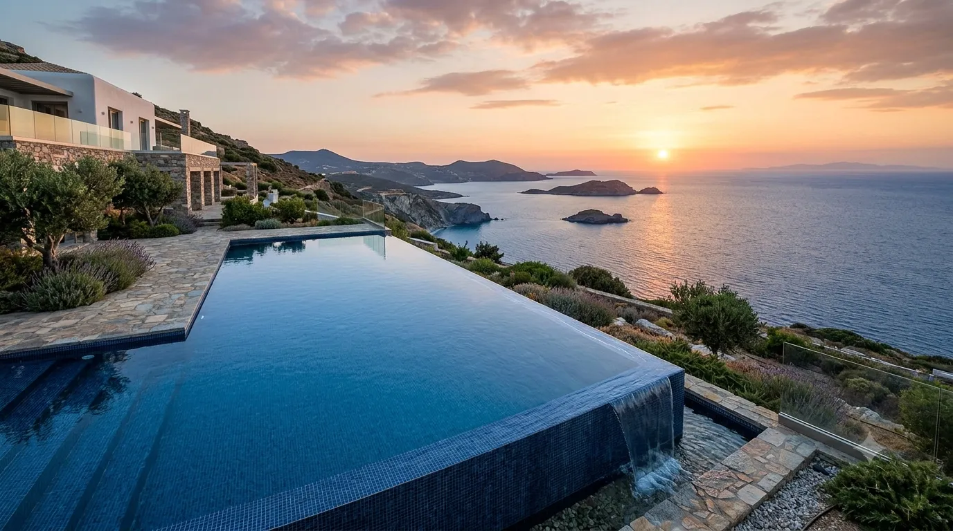 Piscine de luxe à débordement semblant se fondre avec l'horizon océanique au coucher du soleil, maison côtière