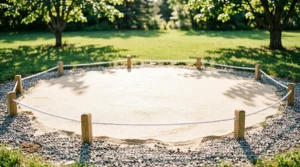 Circular leveled sand plot bordered by wooden posts