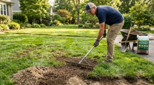 Fixing bumpy uneven lawn surface using topdressing and sod leveling techniques