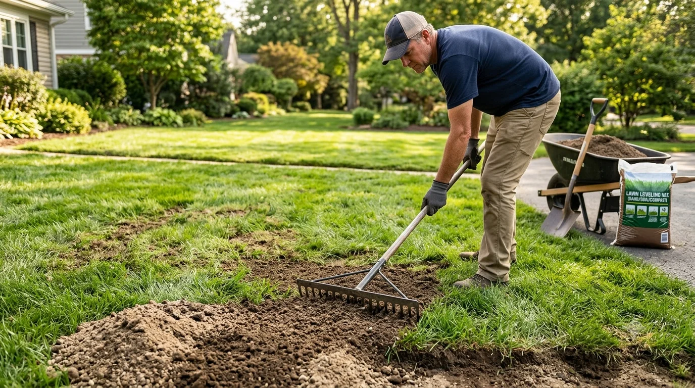 Fixing bumpy uneven lawn surface using topdressing and sod leveling techniques