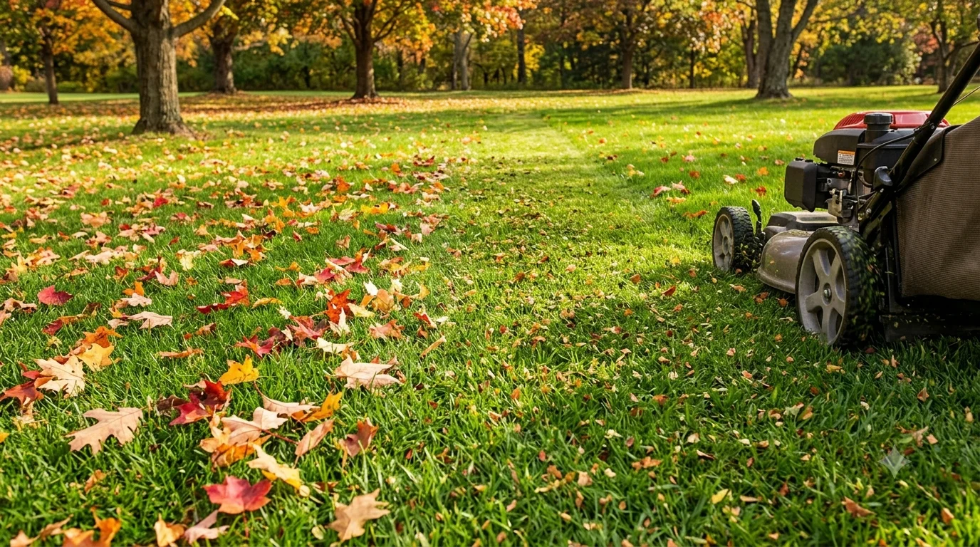 Lawn mower mulching fallen autumn leaves into healthy green grass lawn