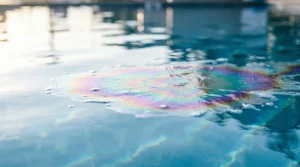 Iridescent oily scum floating on swimming pool water surface