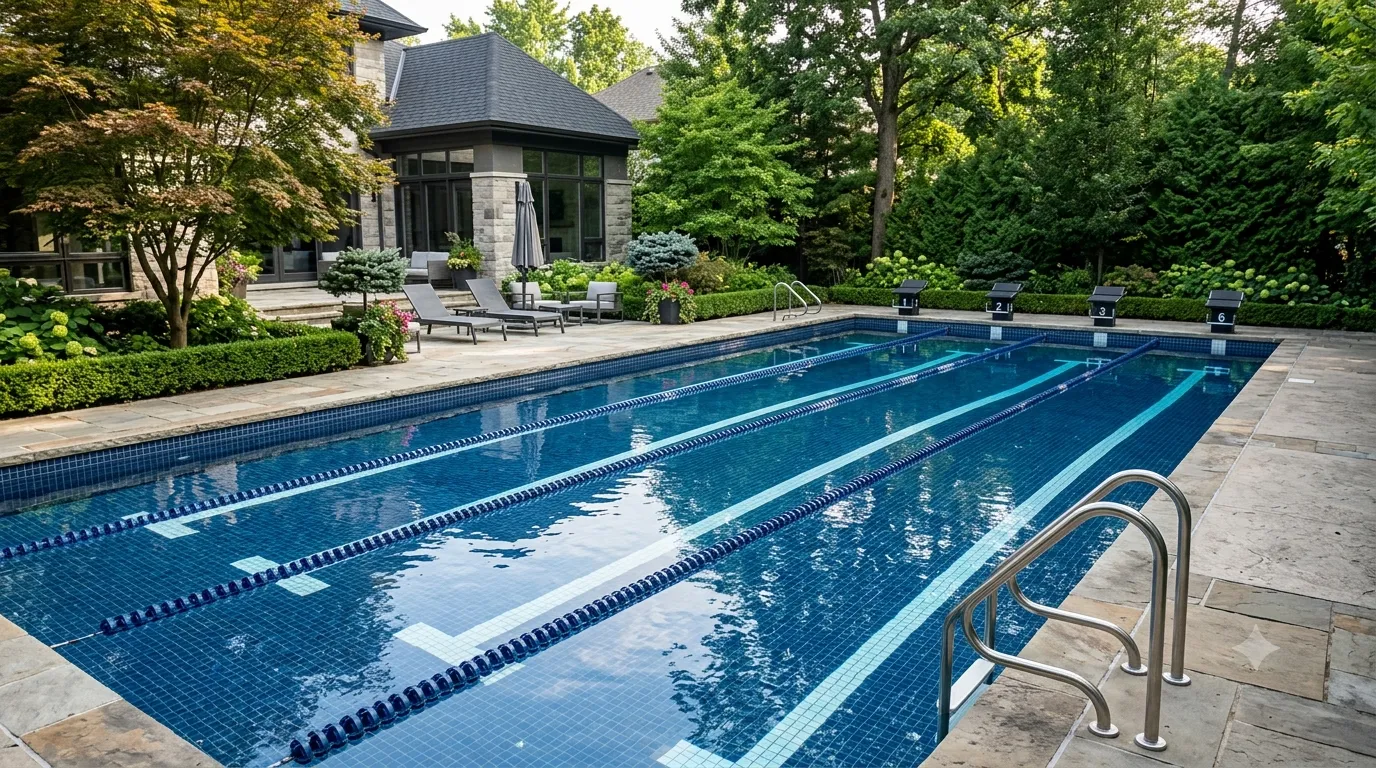 Piscine de compétition de taille olympique avec dix couloirs de course marqués et plots de départ