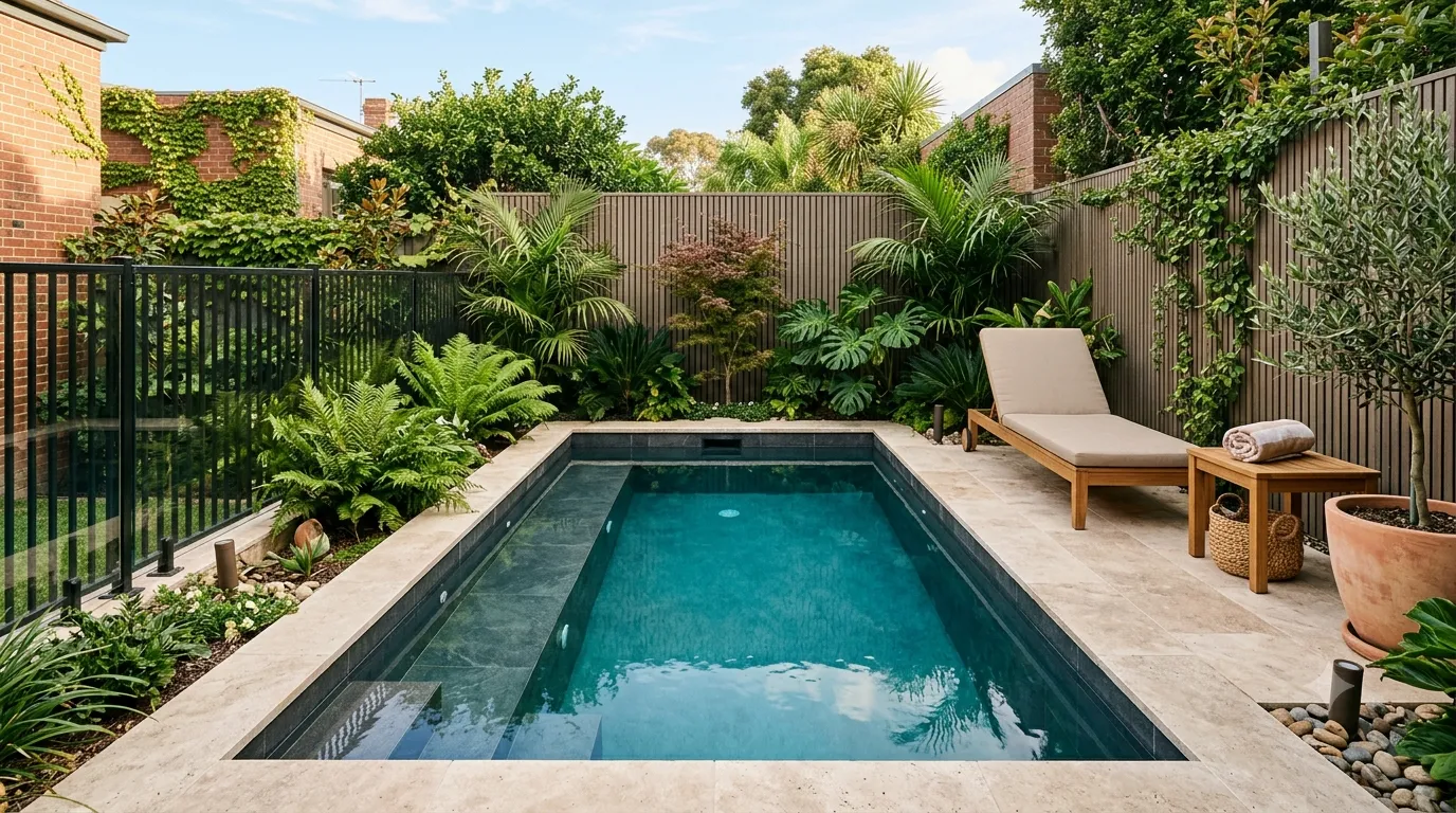 Petite piscine plongeoir compacte dans un jardin urbain avec chaises longues et revêtement moderne