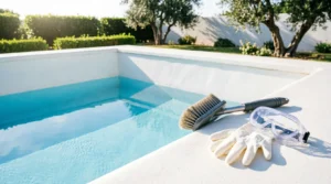 Pool brush safety goggles and gloves resting on edge
