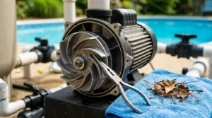 Pliers removing impeller from disassembled pool pump motor