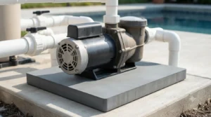 Pool pump motor sitting on a rubber vibration pad