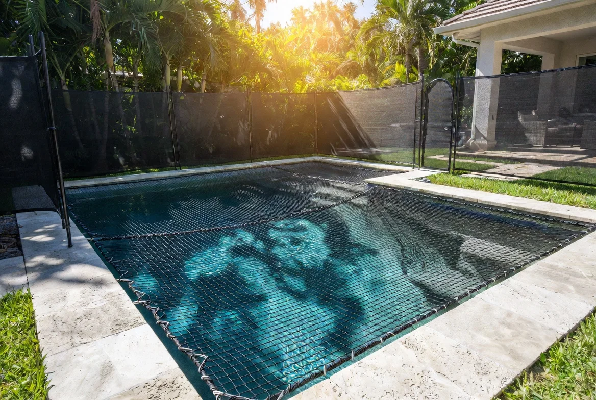 Comparison guide showing pool safety net and mesh fence barrier options for residential pools