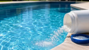 Granular pool shock pouring from container into swimming pool