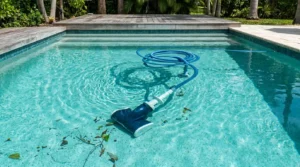 Automatic pool vacuum cleaner submerged with hose coiled nearby