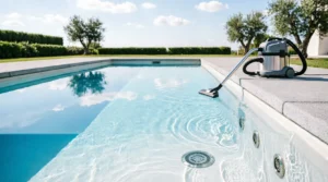 Canister pool vacuum with hose submerged near drain jets