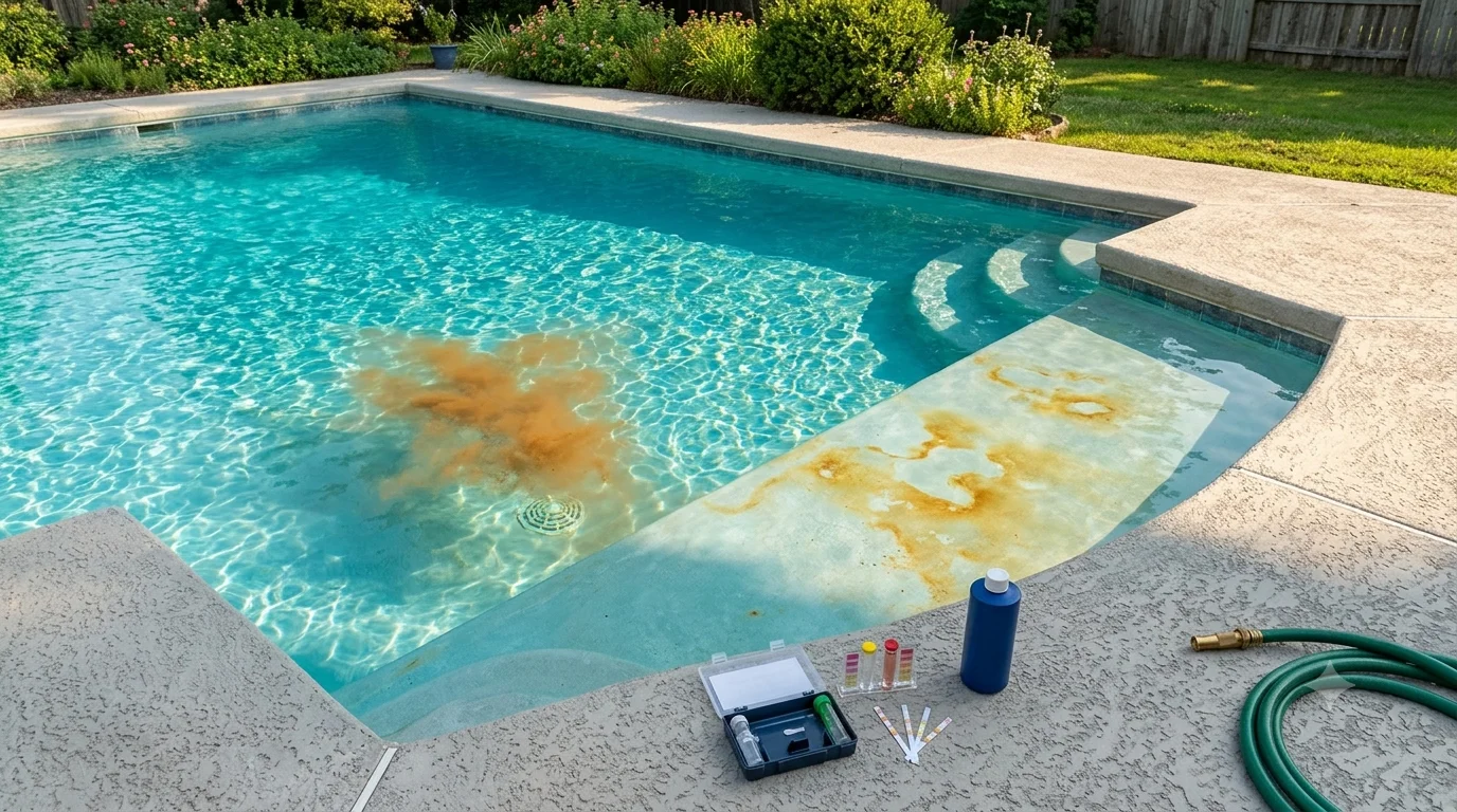 Brown iron-stained pool water treatment using chemical sequestration methods