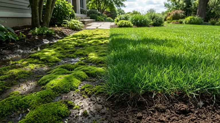 Thick green moss spreading across shaded residential lawn area with rake nearby