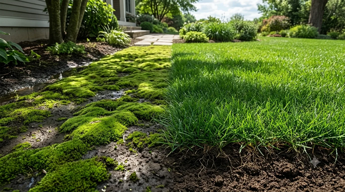 Thick green moss spreading across shaded residential lawn area with rake nearby