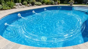 Multiple pool return jets spraying water creating surface ripples